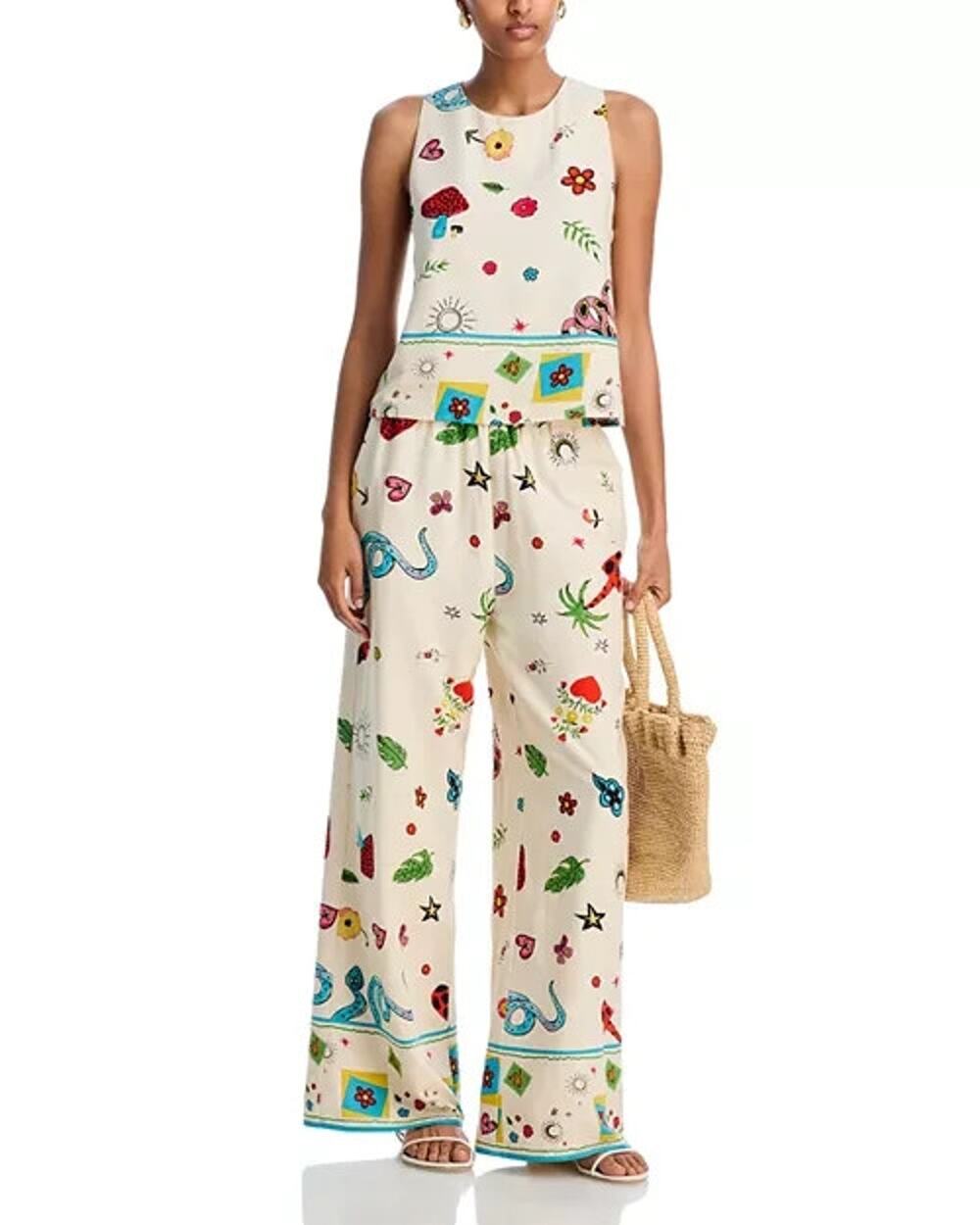 Aqua(Bloomingdales) Women’s Small Linen Blend Print Top & Wide Leg Pants (Lined)